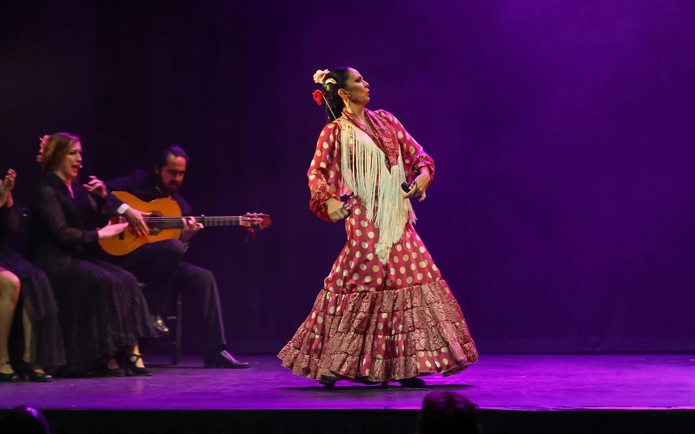 Flamenco dancers and a guitarist on the Teatro Flamenco Madrid stage